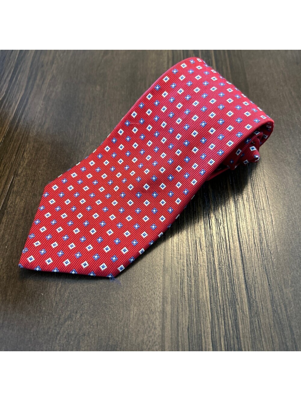 Vintage Y2K 90s Brooks Brothers Red Silk Tie Blue White Geometric Men’s Necktie